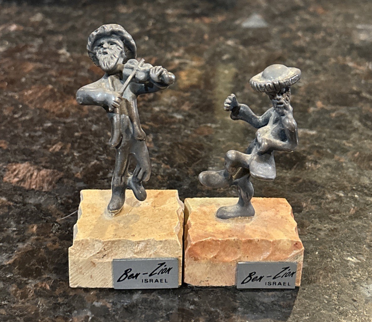 Ben Zion Israel Sterling Silver Fiddler Dancer Marble Base Judaica Figure Statue