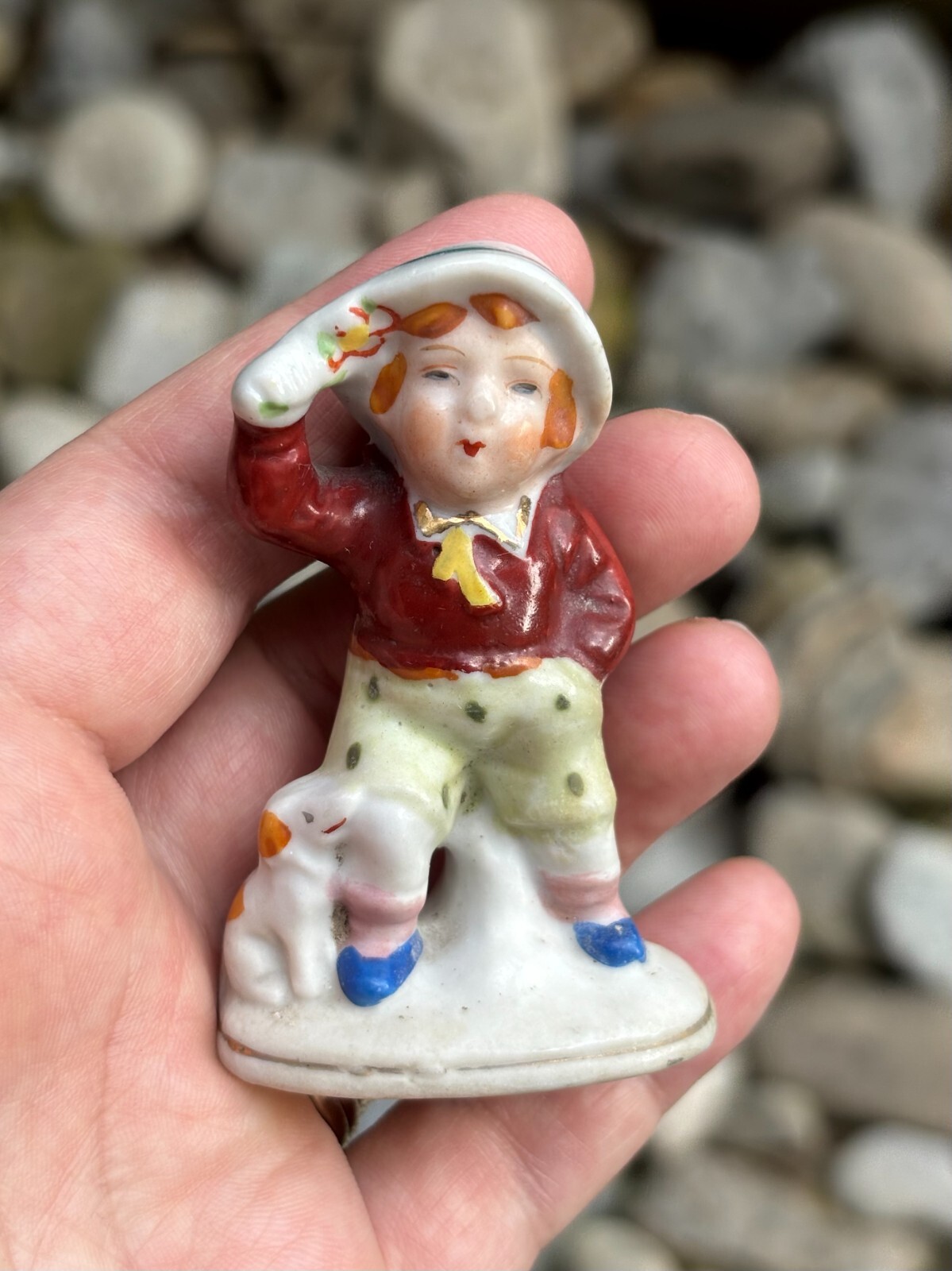 LITTLE BOY w/a Hat & His Puppy 2 3/4″ TALL Porcelain Made In OCCUPIED JAPAN EUC