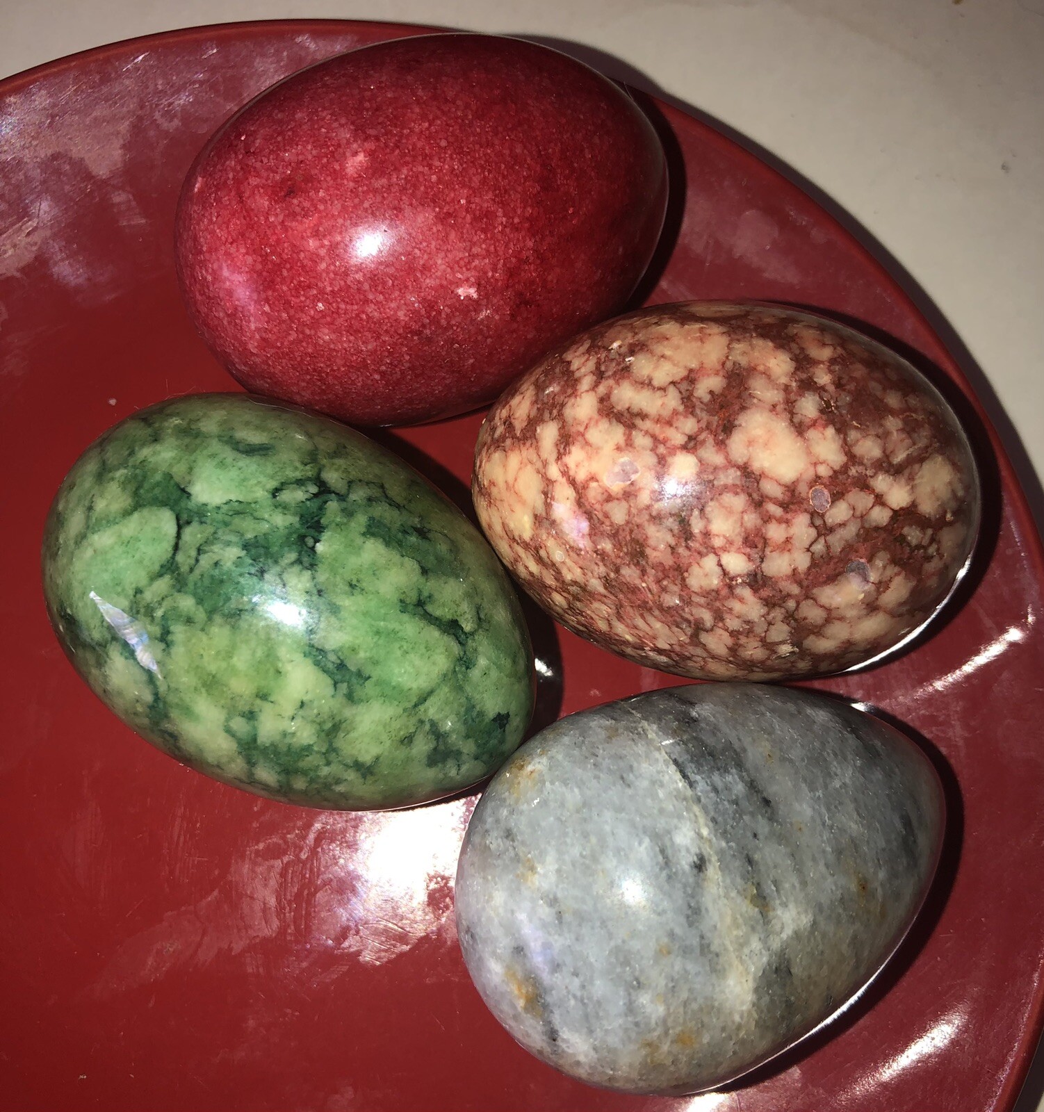LOT 4 MARBLE / ALABASTER EASTER EGGS 2” RED GREEN GRAY BROWN BEIGE