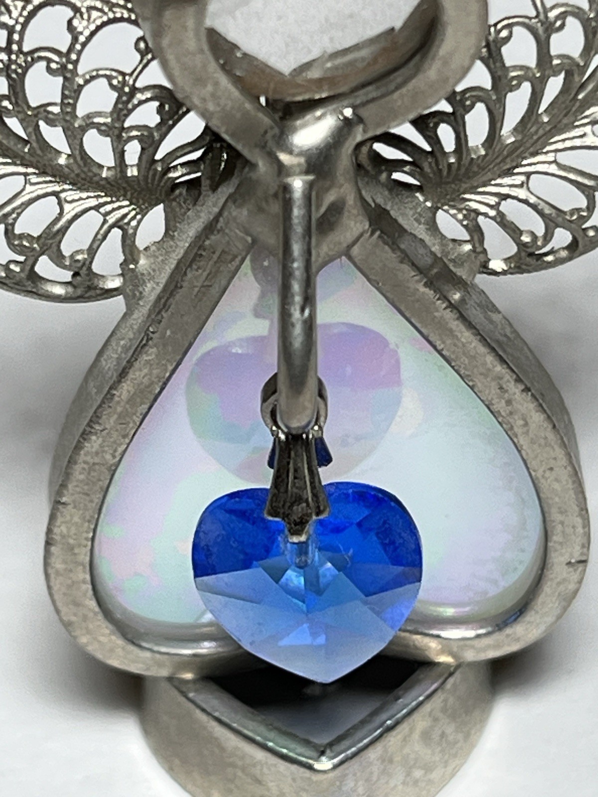 Vintage Birthstone Angel March Blue Heart Metal Glass Aquamarine 2-1/4”