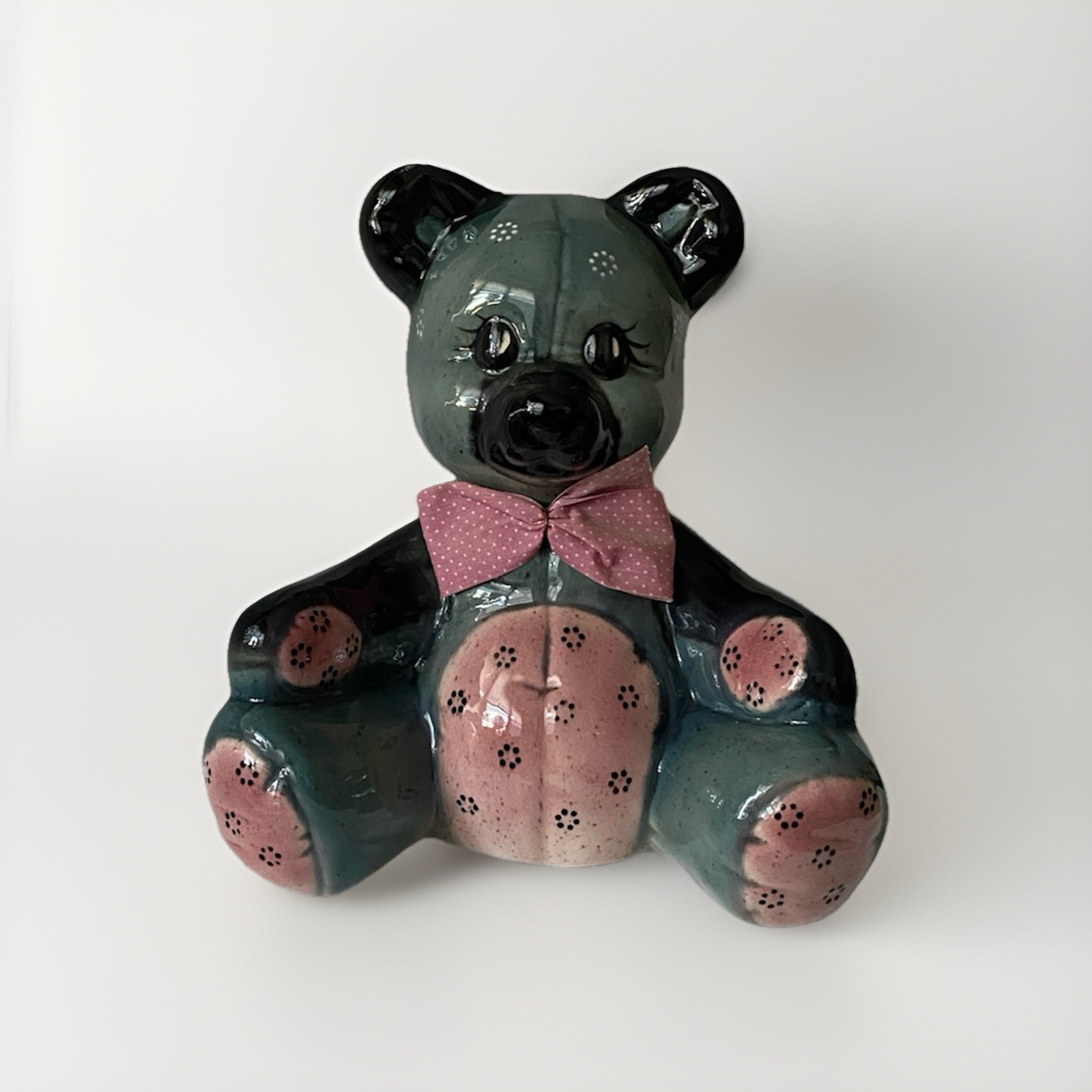 Vintage Mr Ceramics Porcelain Fabric Look Gray/ Pink Polka Dot Teddy Bear/W Bow
