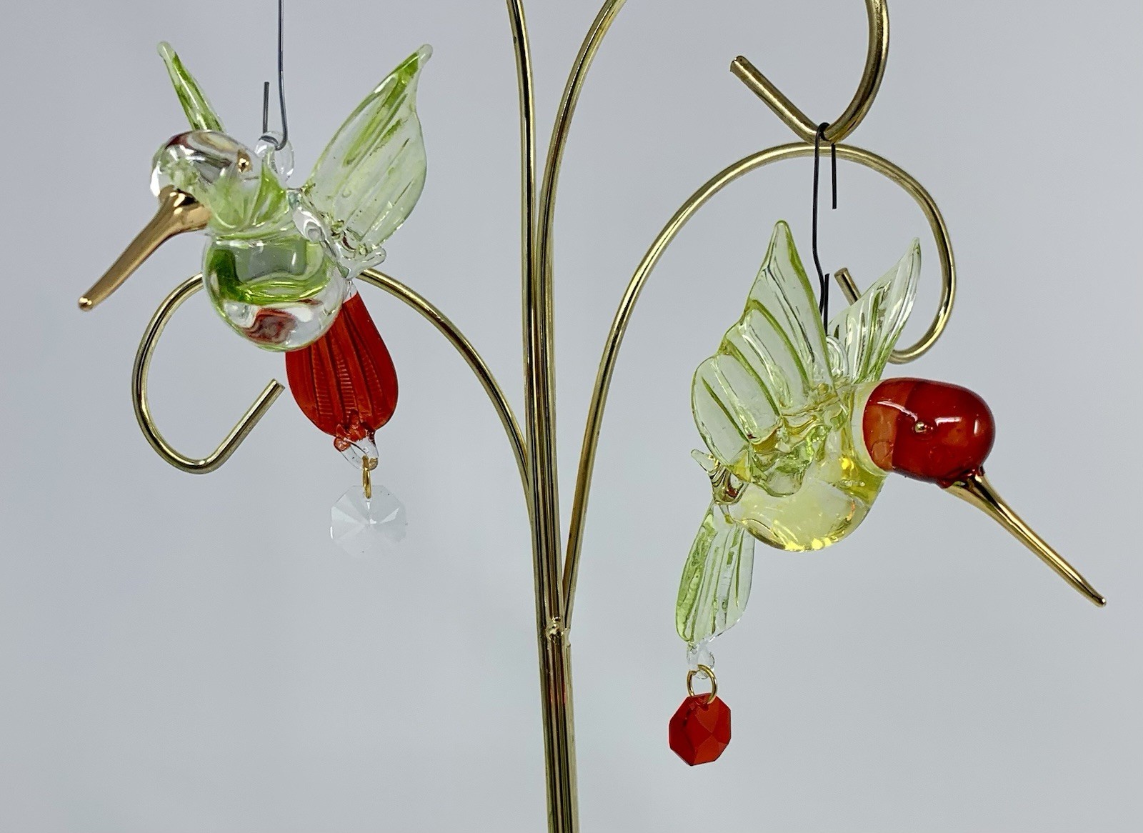 Pair of Glass Hummingbird Ornament Suncatchers – Green & Red w/ Gold Accents