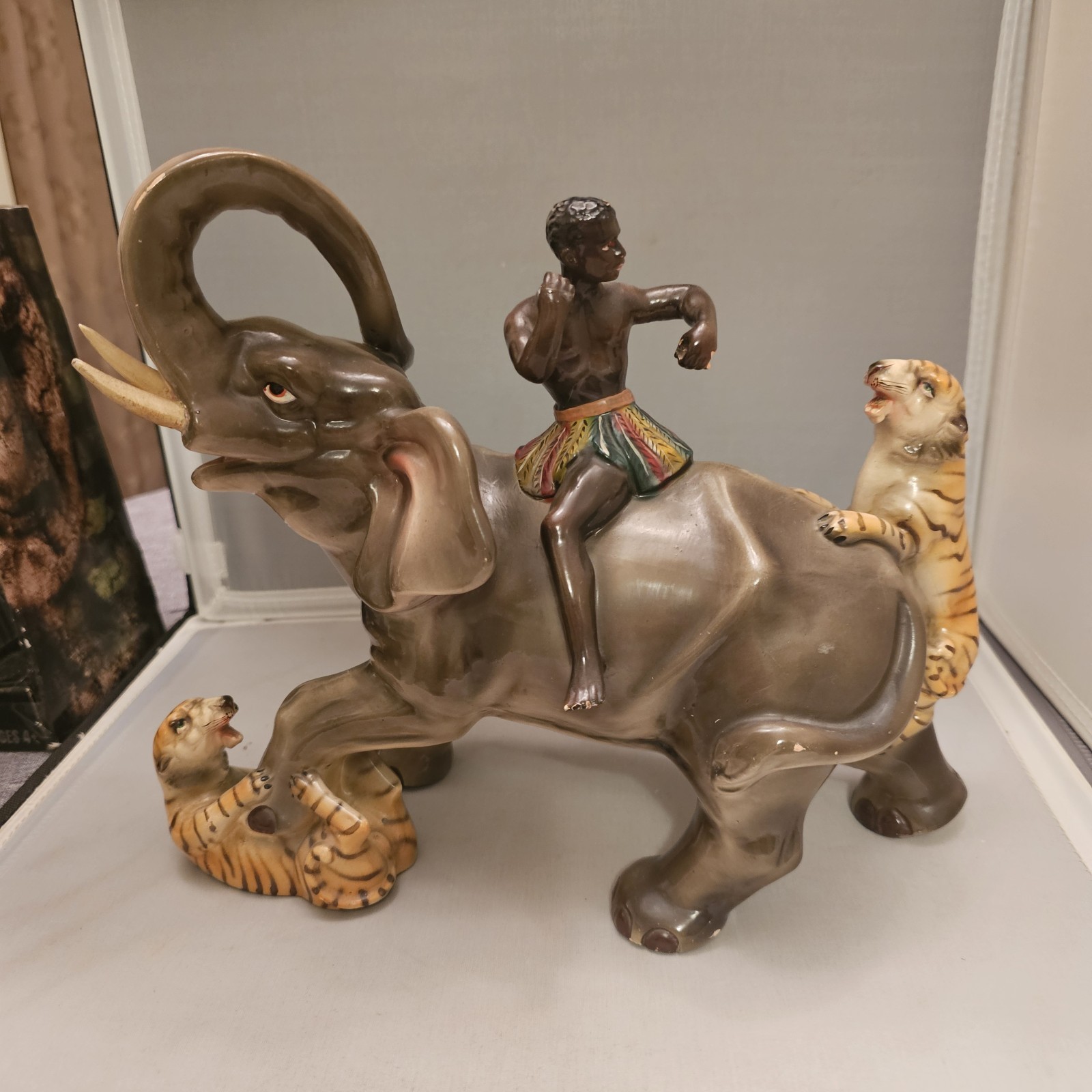 Vintage Man on Elephant Fighting Tigers Large Ceramic Made in Portugal Rare Find