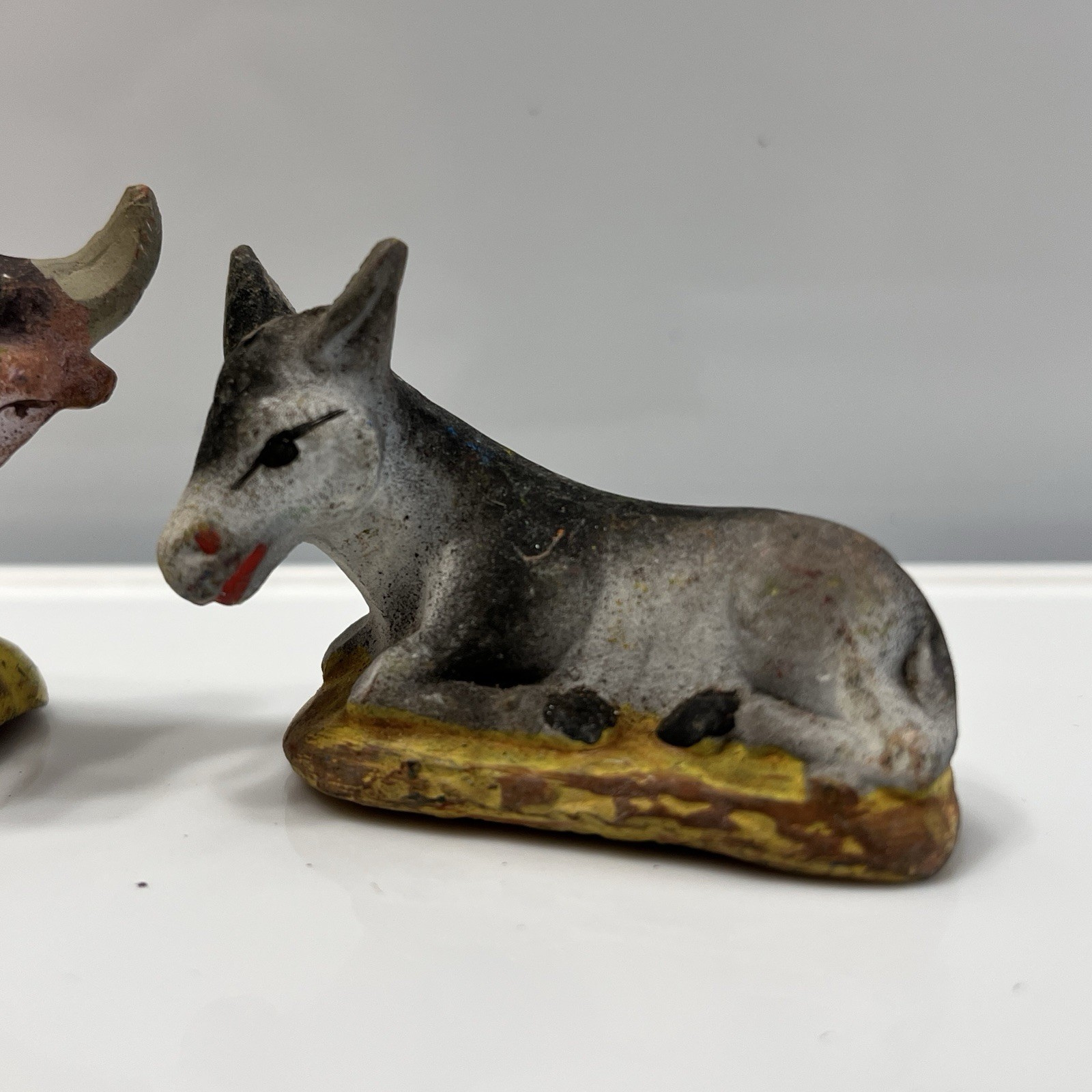 Vintage P. Fouque Santon French Hand Painted Figurine Nativity Cow & Donkey