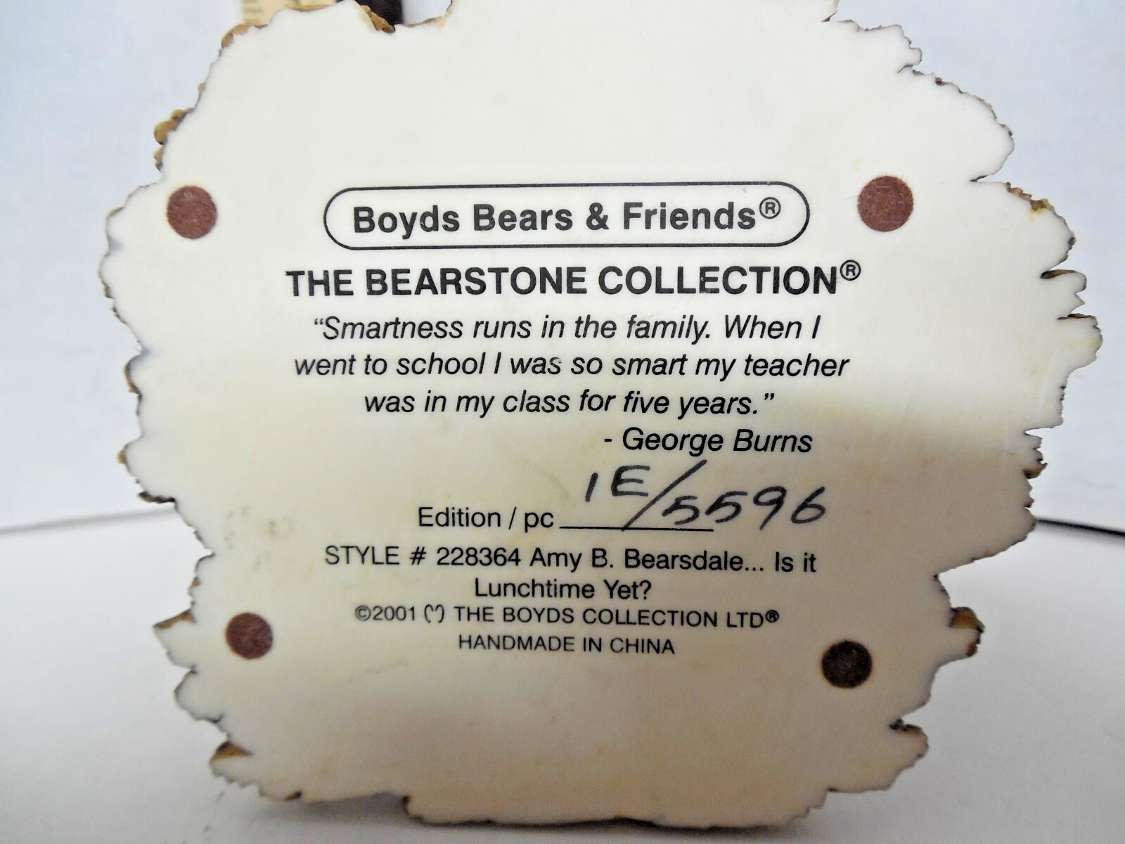 Boyds Bearstones #228364 Amy B. Bearsdale “Is it Lunchtime Yet?” 4 in tall