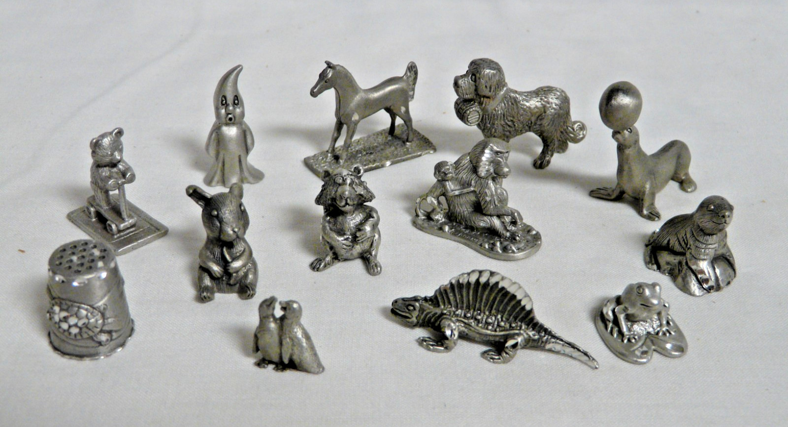 Lot of 13 Fine Pewter Figures Racoon-Seal-Cat-Frog-Ghost-Horse-Thimbles & More