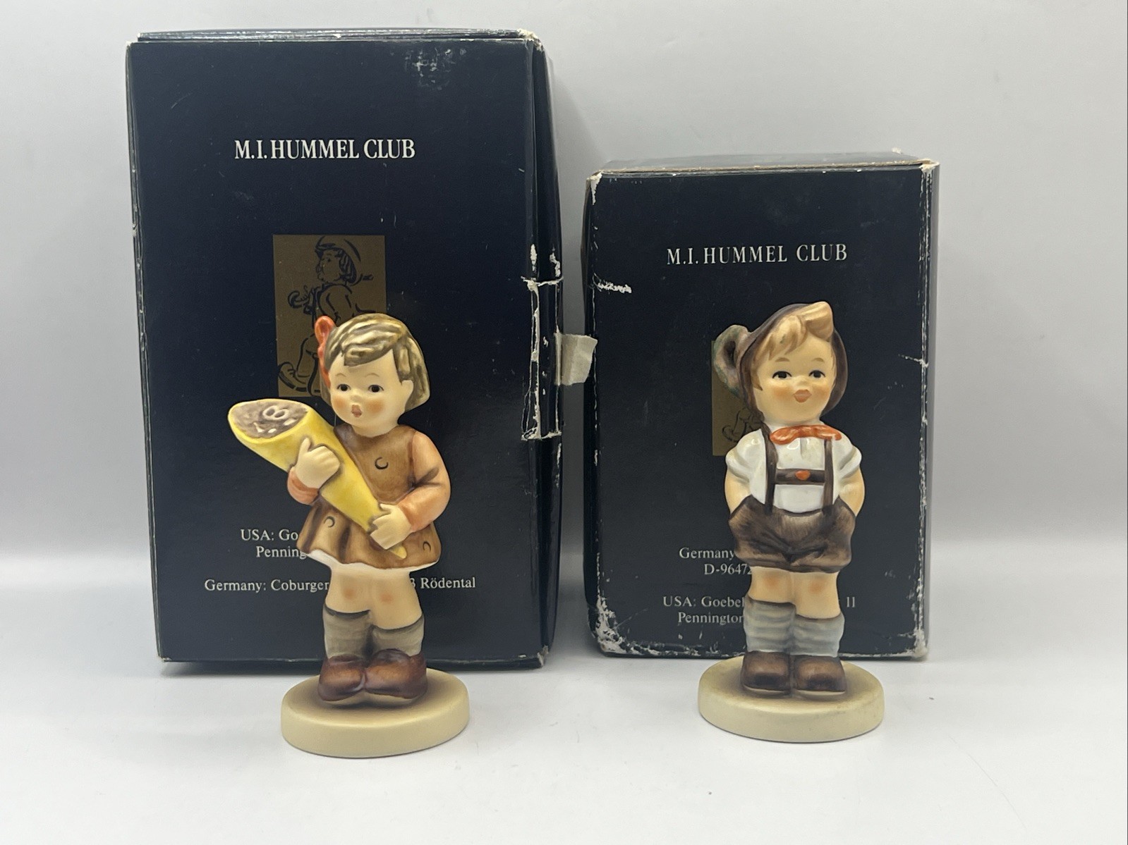 Lot of 2 Vintage Goebel Hummel Figurines (#144, #102) in Boxes Girl & Boy 9cm