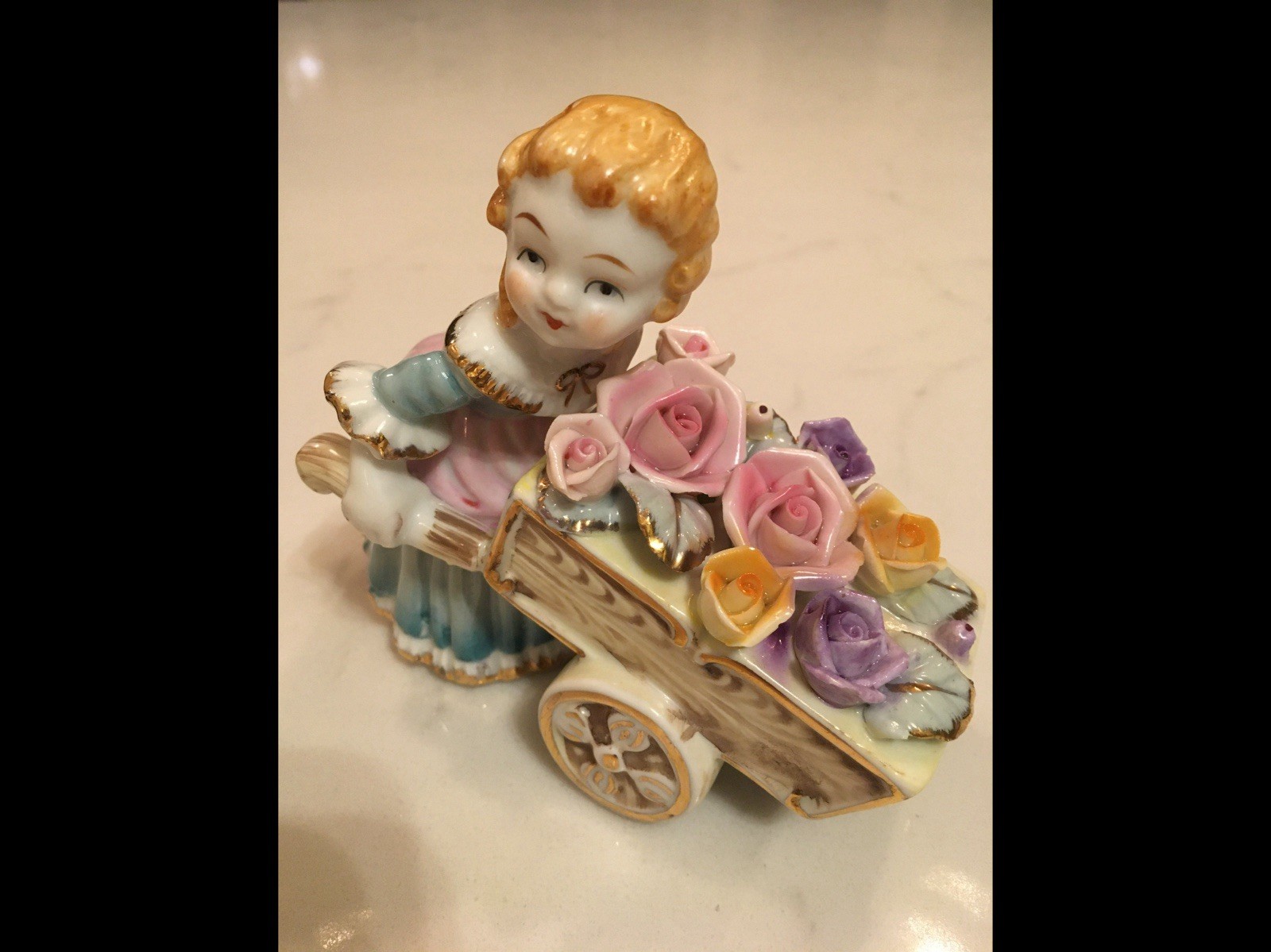 Lenwile Ardalt Vintage Porcelain Matching Set Of Children Pushing Flower Carts