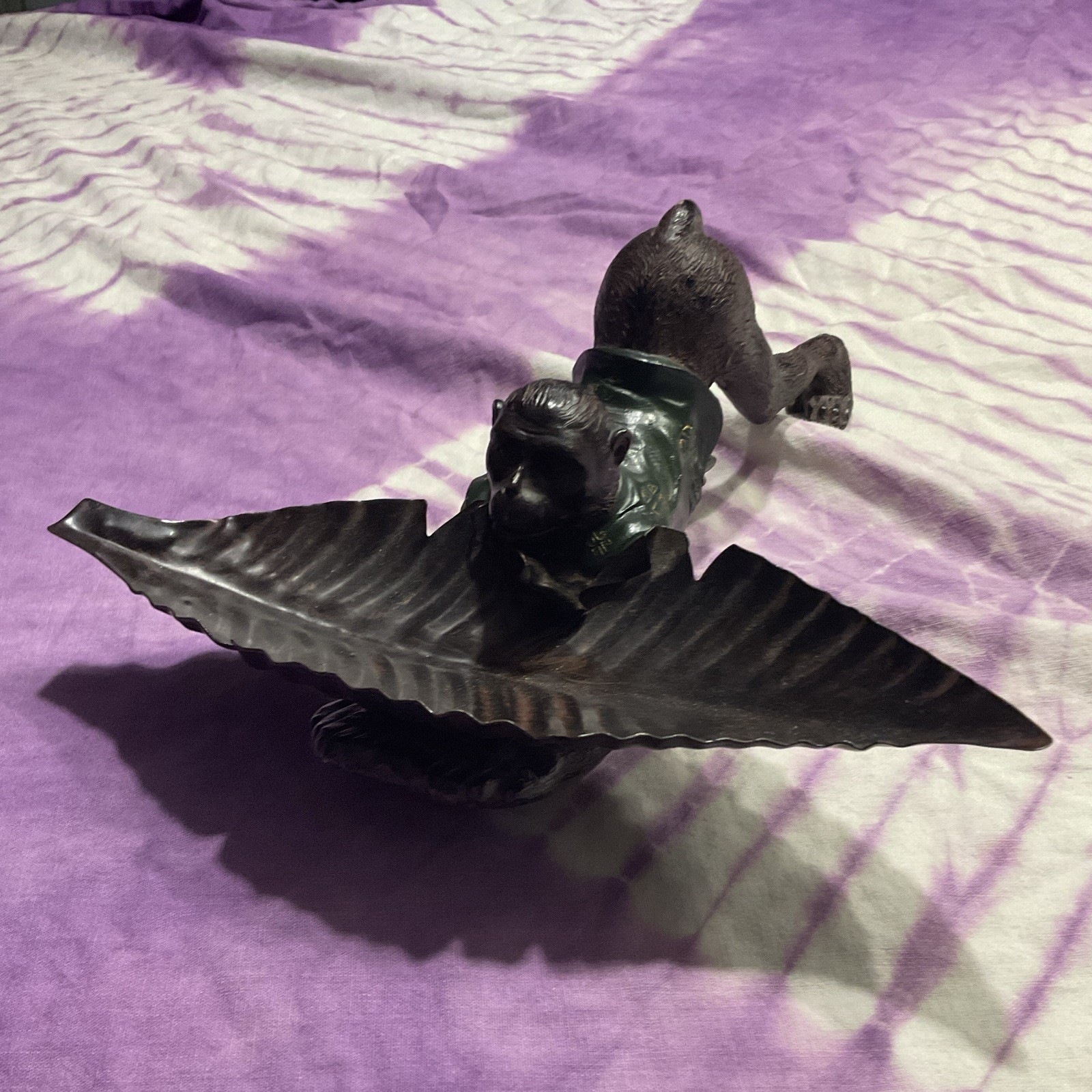 Black & Green Gargoyle Winged Figurine, Matte Plastic, 11 in Wide