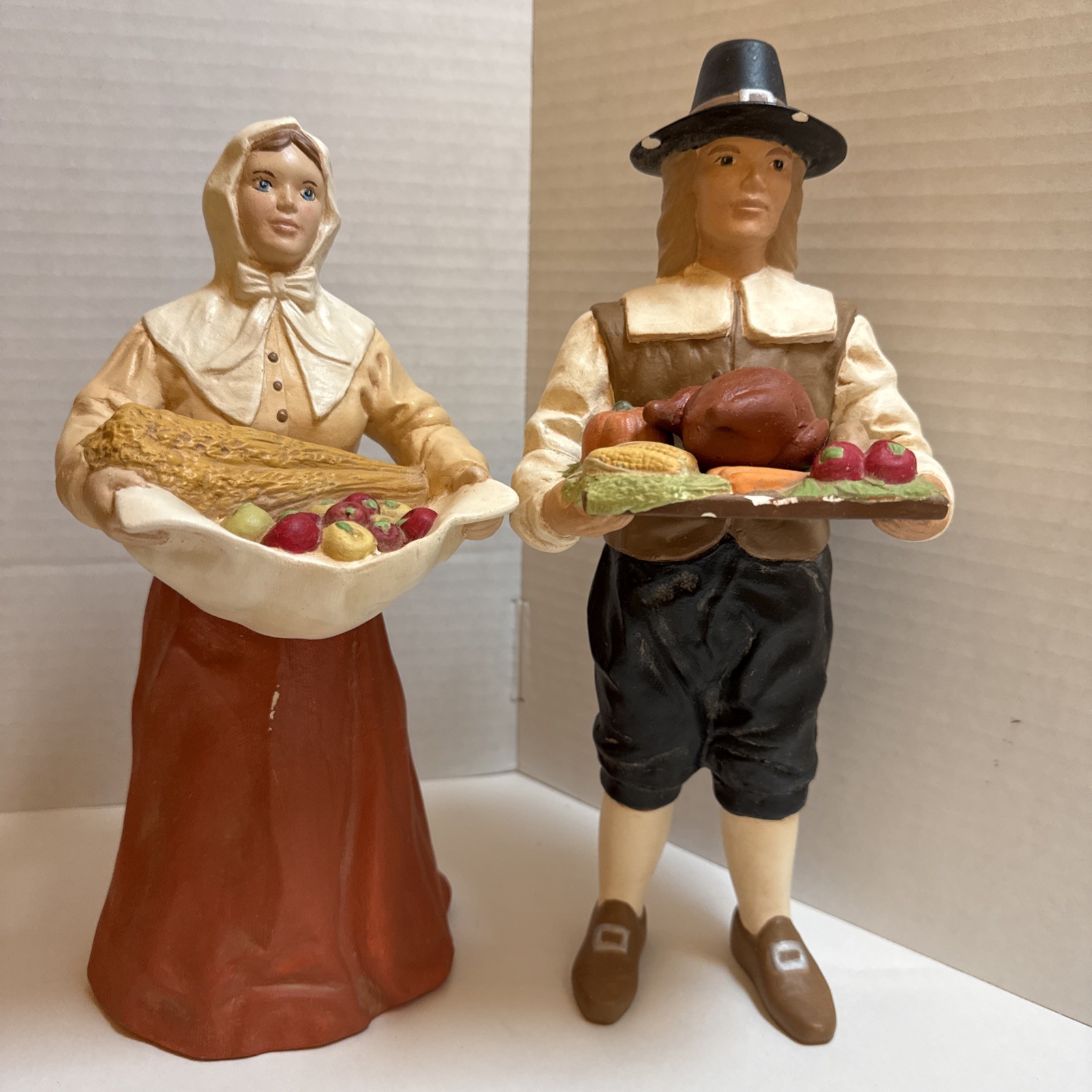 Vintage Pilgrim Thanksgiving Decor Painted Figurines 11″ Female 12″ -mid-1990s