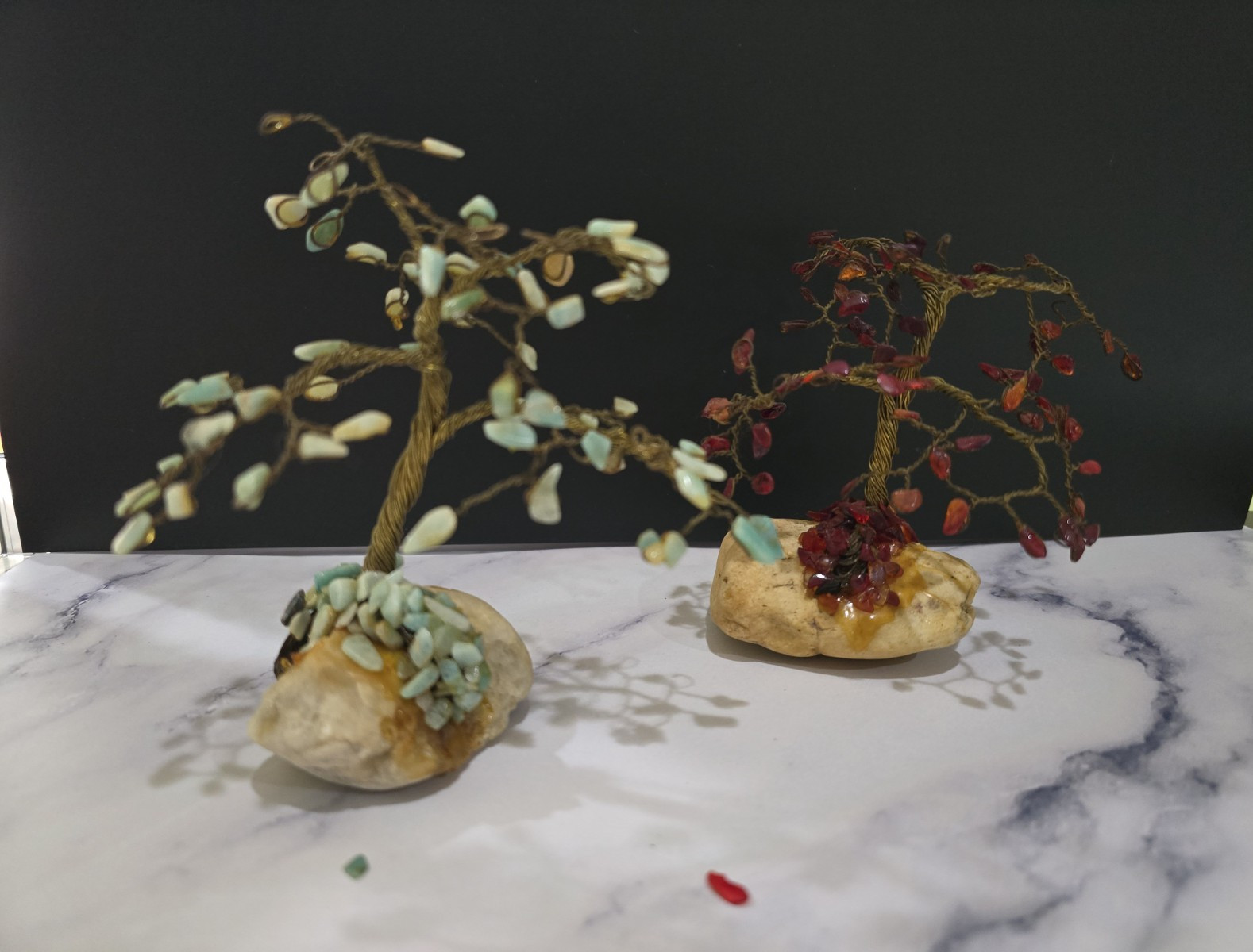 Lot of 2 Handmade Gemstone Wire Tree Sculptures on Stone Bases Decorative Art