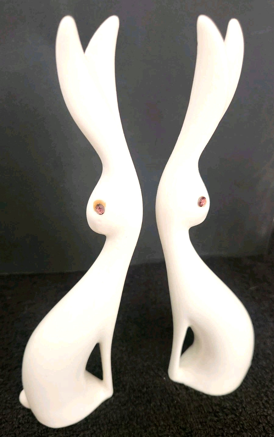 2 Modern White Bunnies Easter Rabbits Ceramic Slim Figures Statue Purple RS Eyes