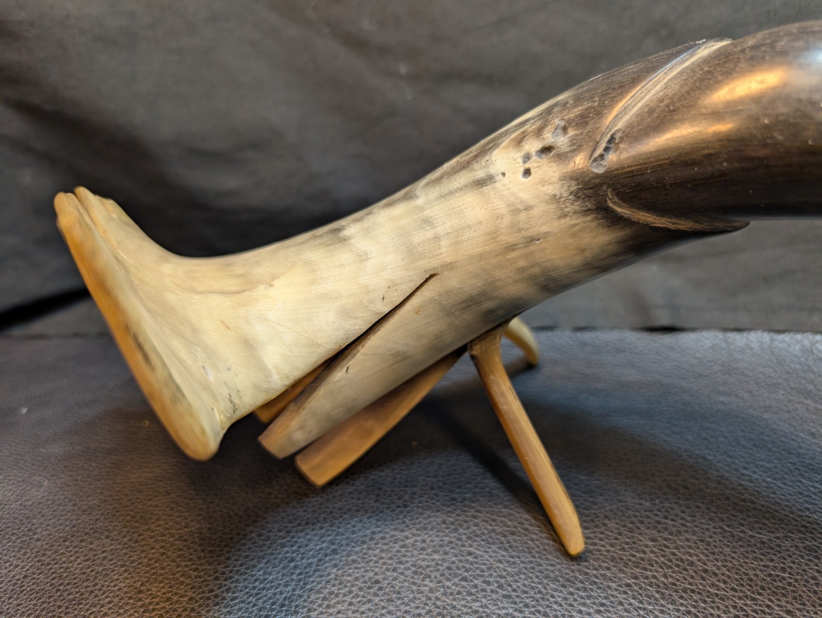 Folk Art Ox/Steer Horn Bird Mid Century Hand Carved Large 13.5in Horn