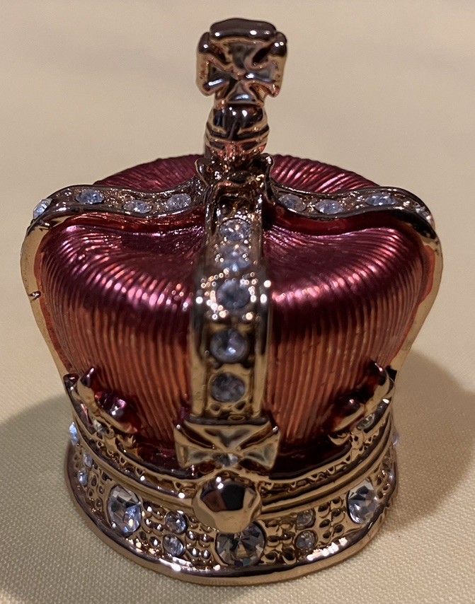 VINTAGE FABERGE EGG CROWN REPLICA MINI JEWELRY BOX PINK & GOLD W/JEWELS-OPENS