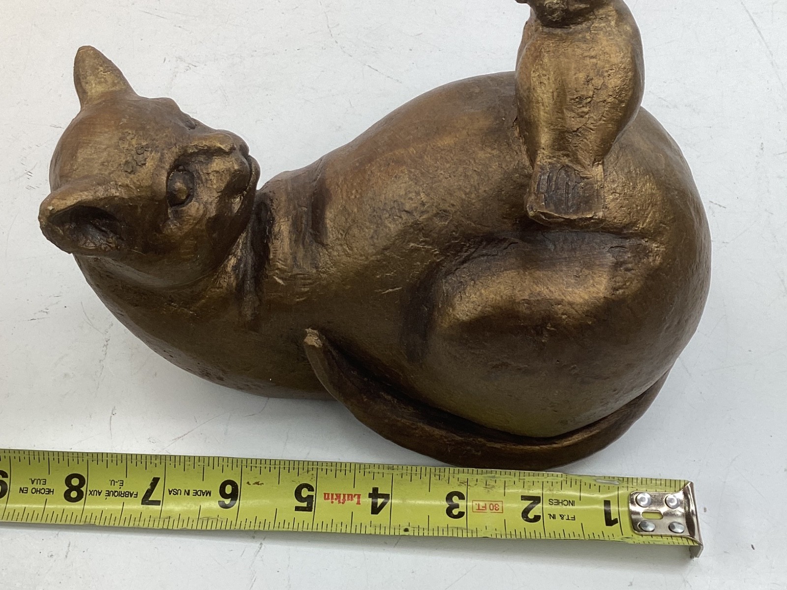 8” heavy Cat with Bird Statue Metal Sculpture (G1)