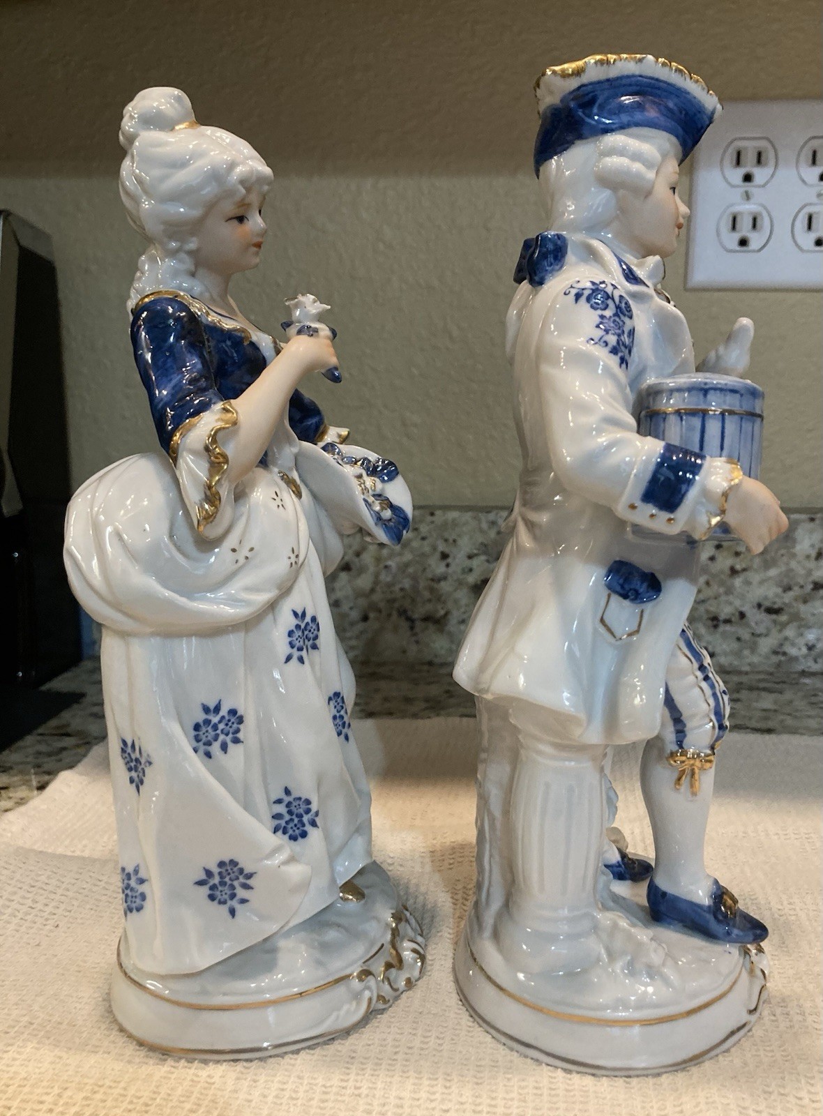 KPM Vintage Victorian Porcelain Couple Figurines Blue and White Set of 2