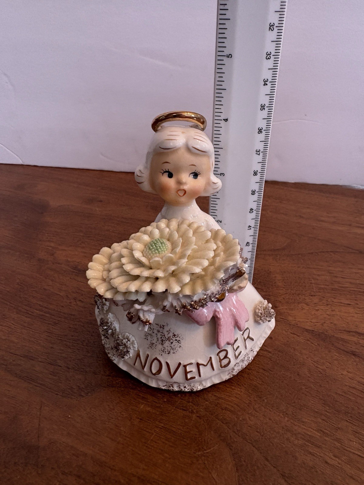 Vintage 50s Lefton Birthday Angel November Mums Topaz #489 4” Tall READ