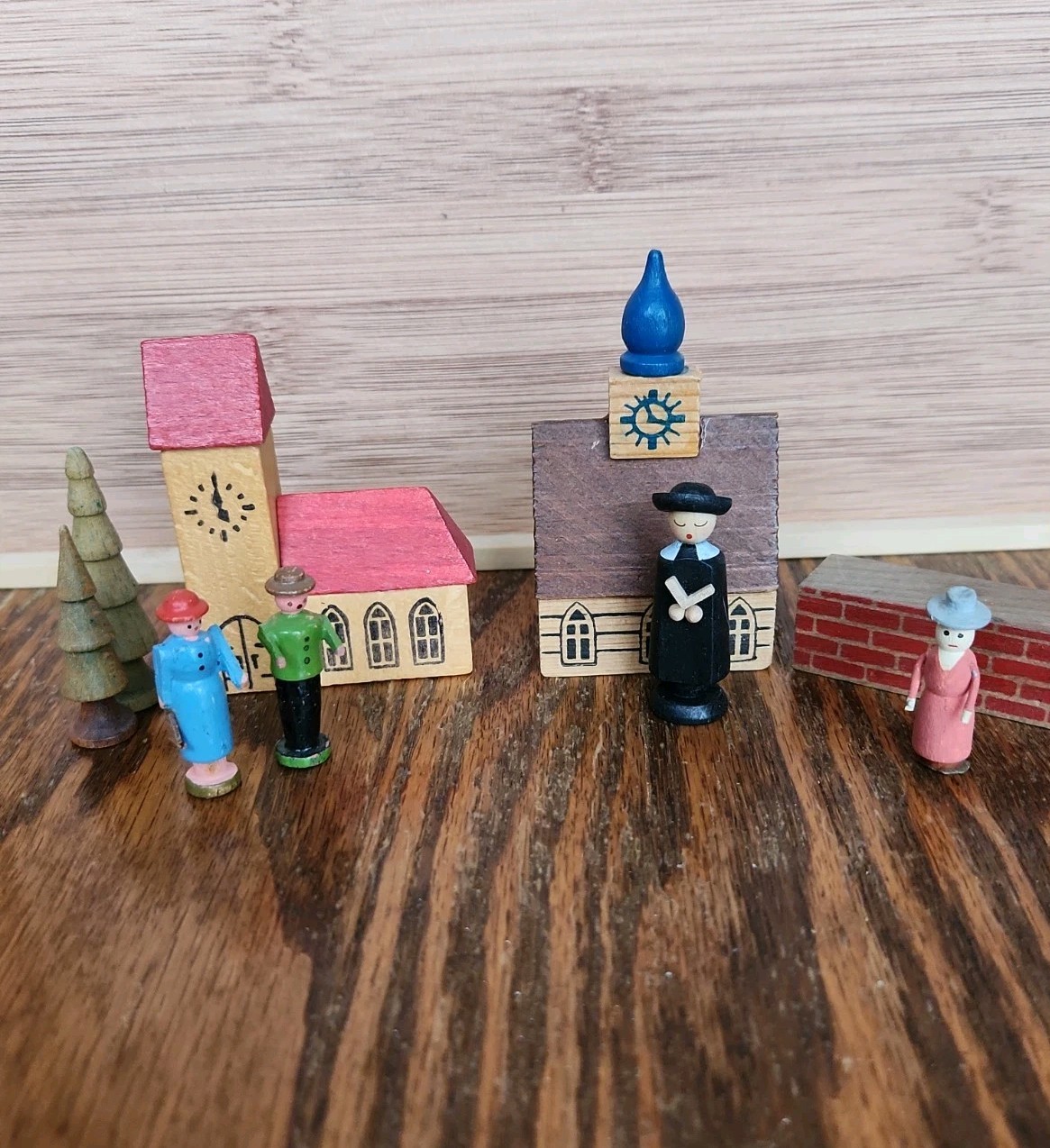 Church City Building, People Vintage Wooden Village Erzgebirge Putz Germany Lot