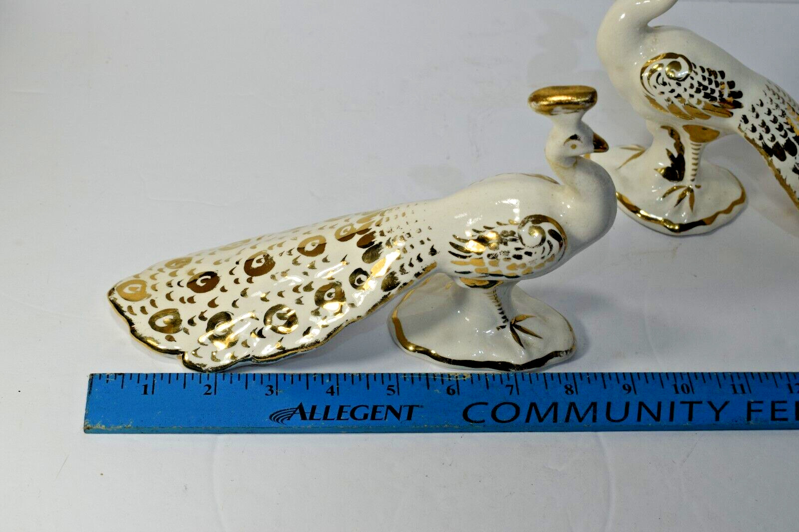 Vintage Ceramic Peacock Figurines Set of 2 White Gold Decorative Birds