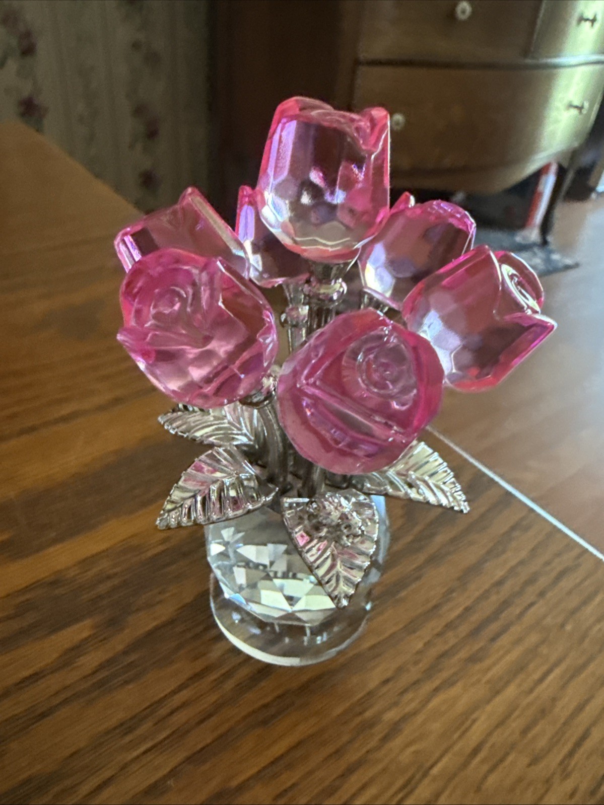 Beautiful Handcrafted Pink Roses Crystal Figurine Vase/elegant Table Decor