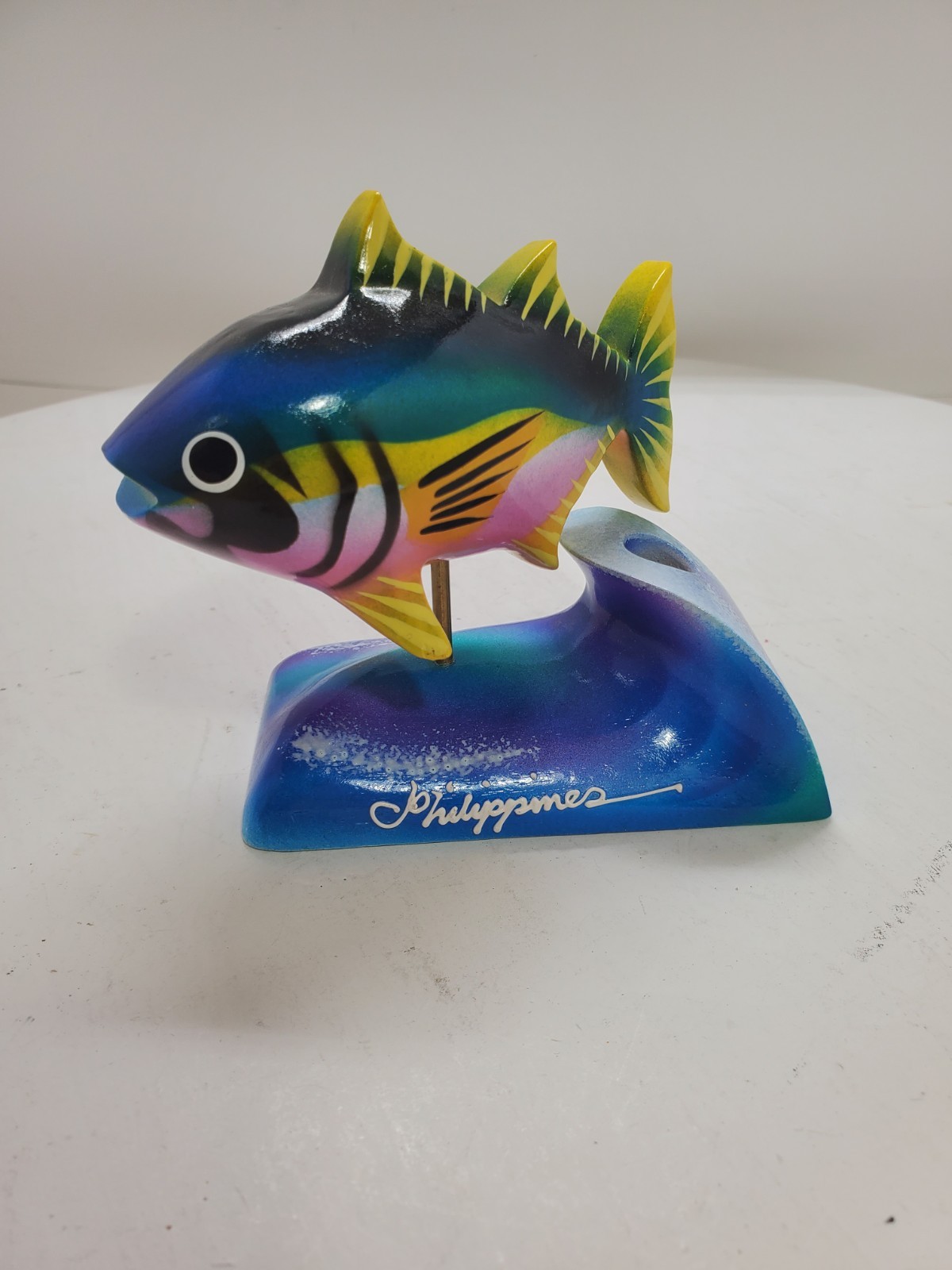 Colorful Philippines Hand Fish Wooden Painted Carved Vtg Pen Holder Art Decor