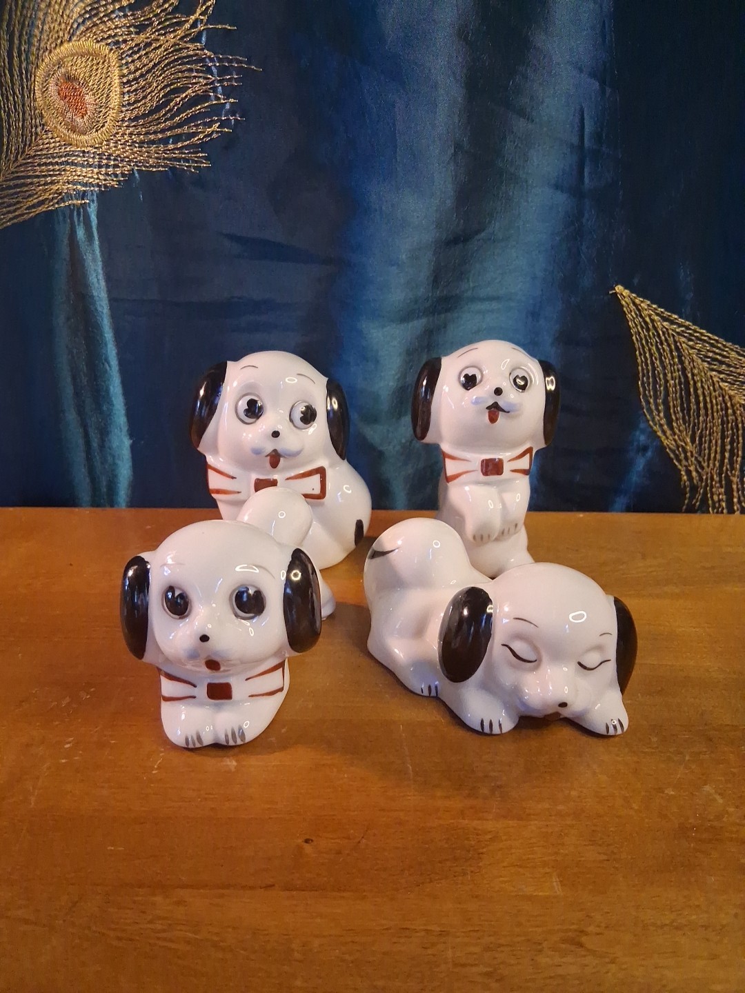 Vintage Anthropomorphic Dog Puppy Googly Big Eye Japan Figurine Kitsch Set Of 4