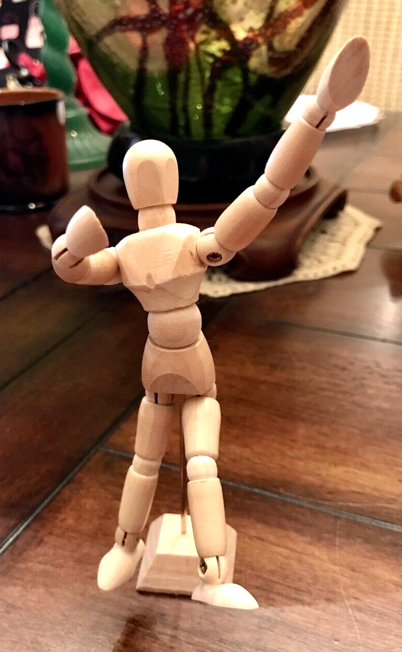 Wooden Articulated Posable Man Figure On Stand 5-3/8″