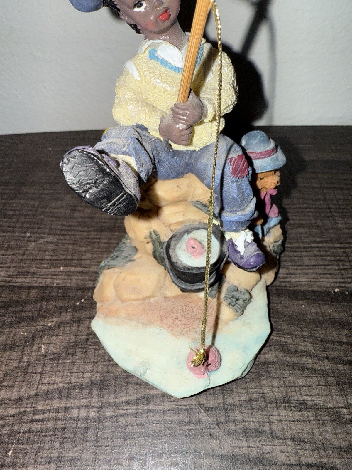 African Americana Young Boy Fishing with Teddy Bear figure Vintage
