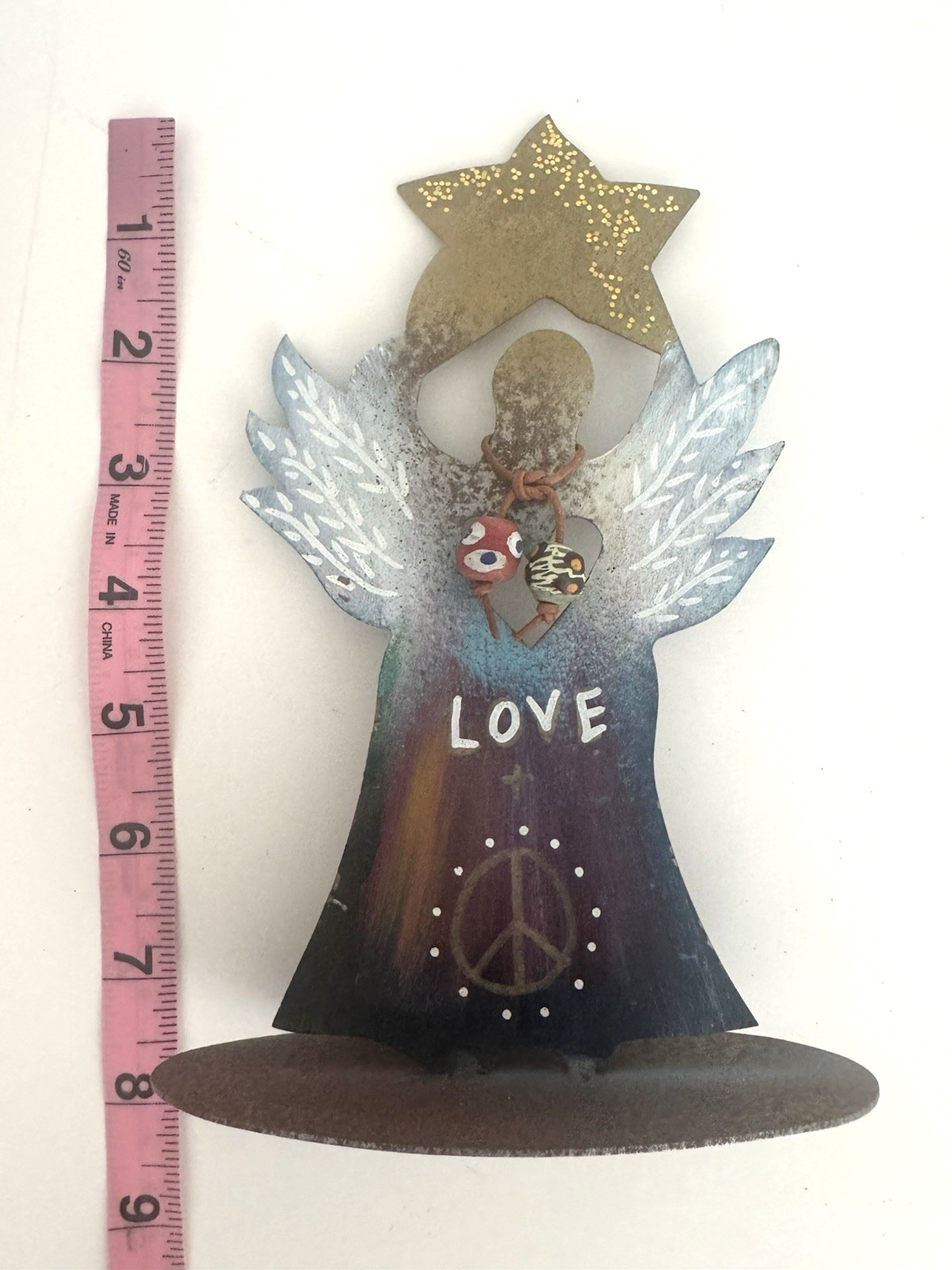 Jes Maharry Angel + Star Rustic Metal Sculpture Love Peace Beads Signed 2019