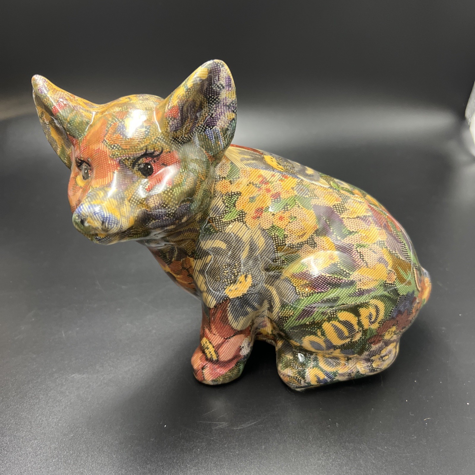 Vintage Joan Baker Designs Porcelain Patchwork 8x7x4 Floral Pig Figurine