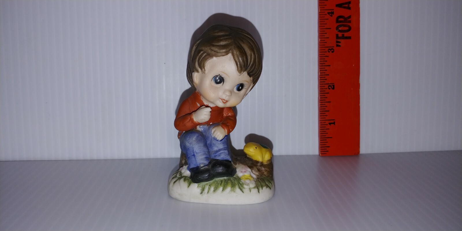 Young Boy Figurine Frog Hand Painted Porcelain Bisque Art Pottery