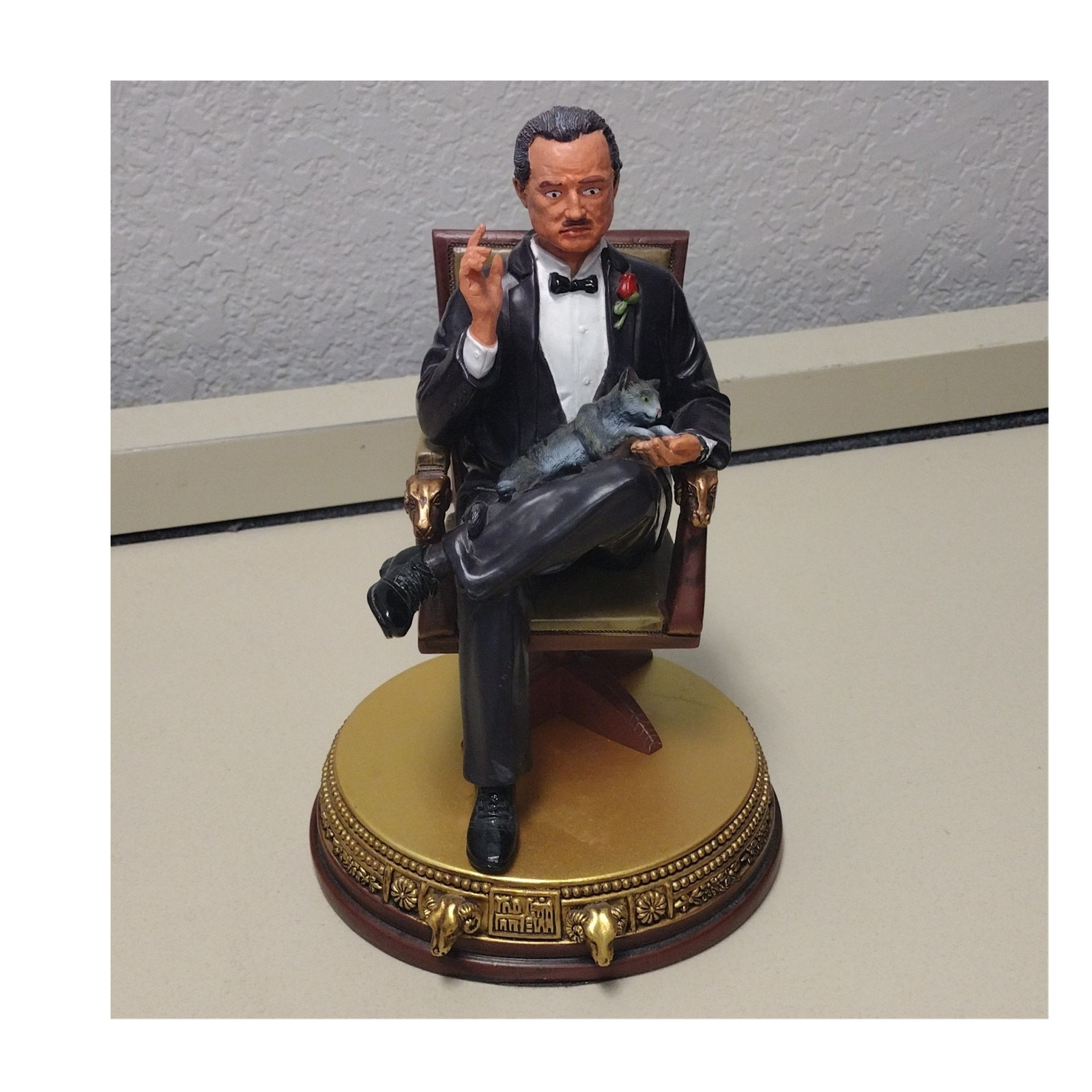 Hand Painted Resin Godfather Figurine Marlon Brando in Suit with Cat on Chair
