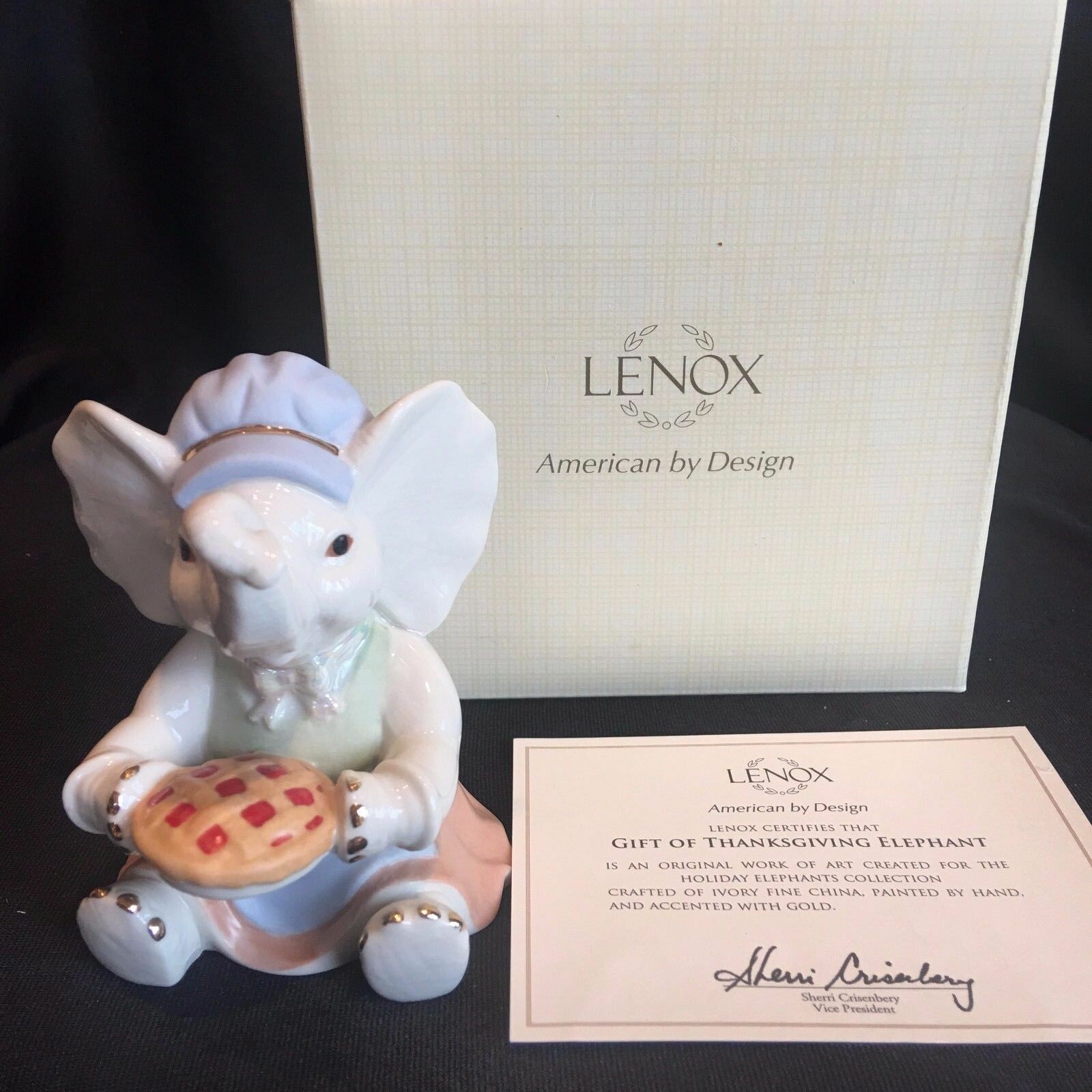 Lenox Lucky Elephant Figurine Gift Of Thanksgiving Pie Baker’s Hat LE COA NEW