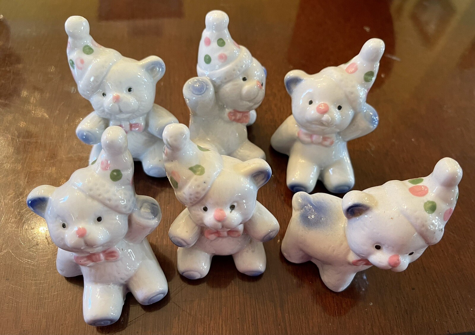 Bears For Circus With Party Hats 3” Ceramic 6 Figurines White Pink Blue Green
