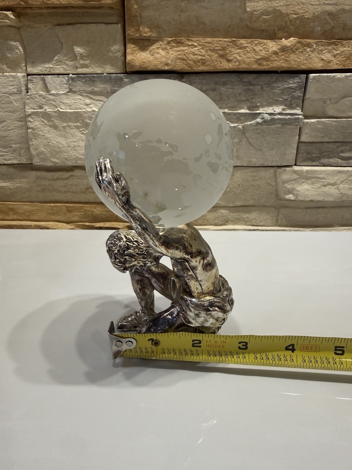 ATLAS SCULPTURE FIGURINE HOLDING SOLID FROSTED ORB GLOBE VINTAGE SILVER TONE