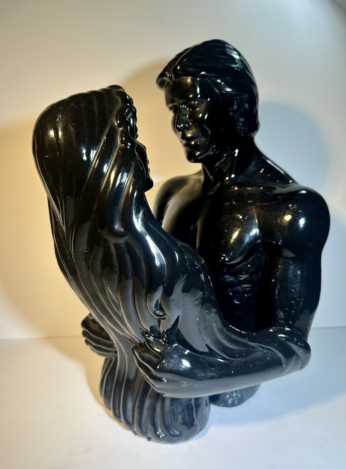 Black Ceramic Glossy Sculpture of Embracing Couple, Large Traditional Figurine