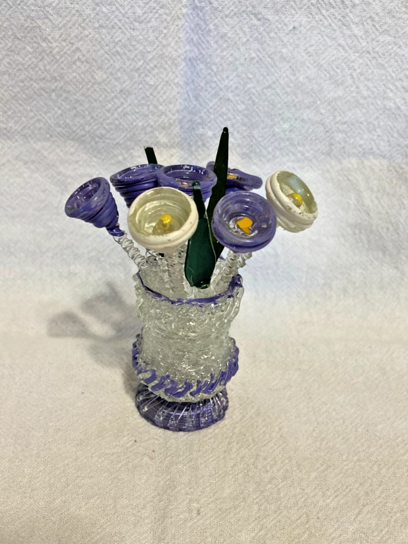 VTG MCM Miniature Spun Art Glass Flowers & Leaf Stems in Vase Purple White 11pc