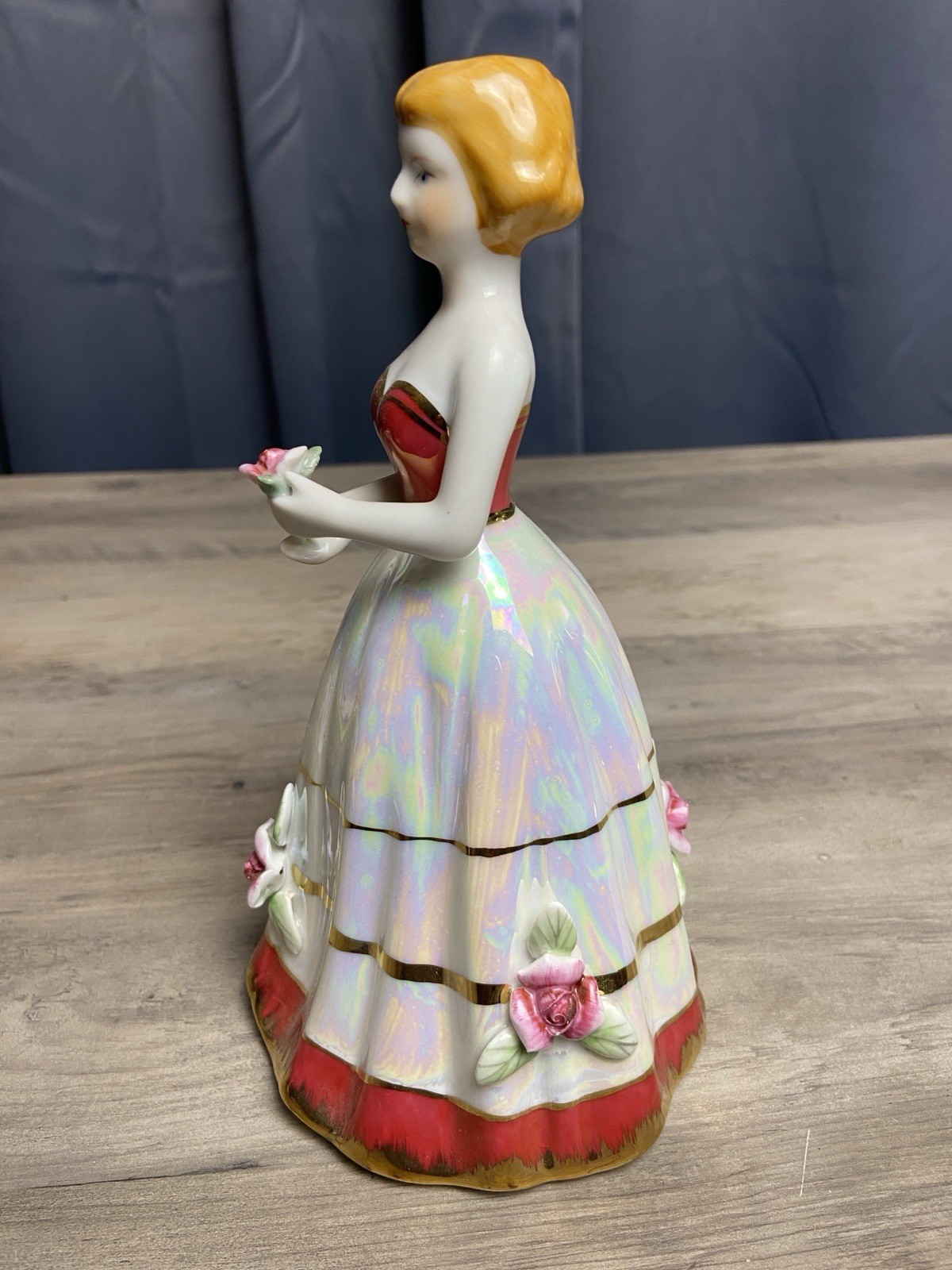 Vintage Porcelain Lady Figurine Opalescent Red, White Dress Roses