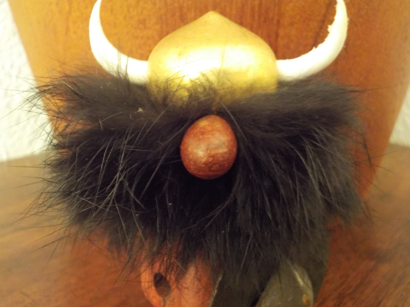 MCM Mid Century Nordic Warrior Viking Wood Gnome Metal Shield & Helmet 3.25 in