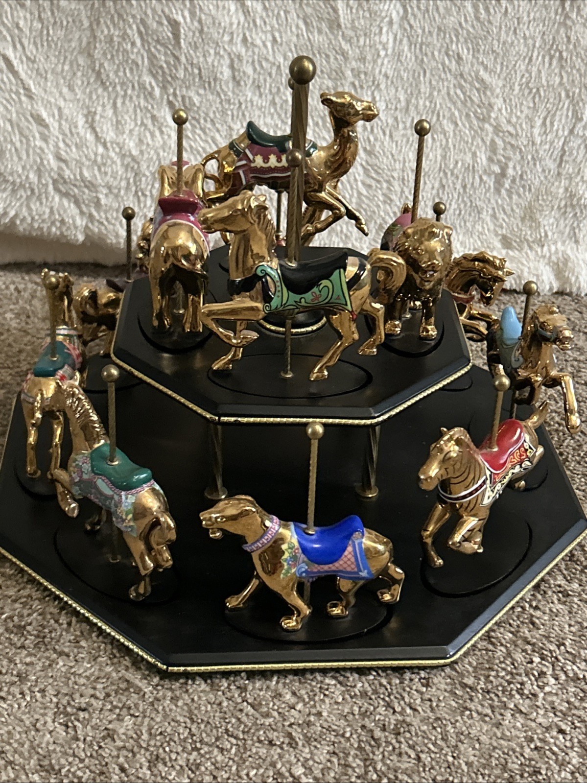 Vintage Franklin Mint Golden Carousel With Display Stand. Various Animals
