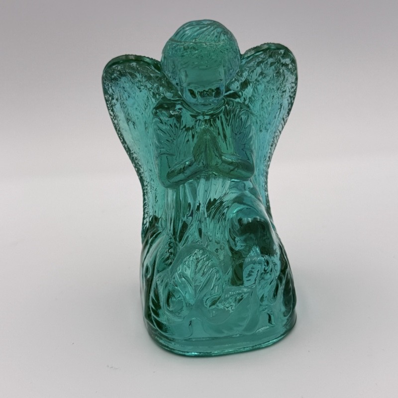 Vintage Boyd’s Crystal Art Glass Praying Angel Figurine Teal Green Bouquet