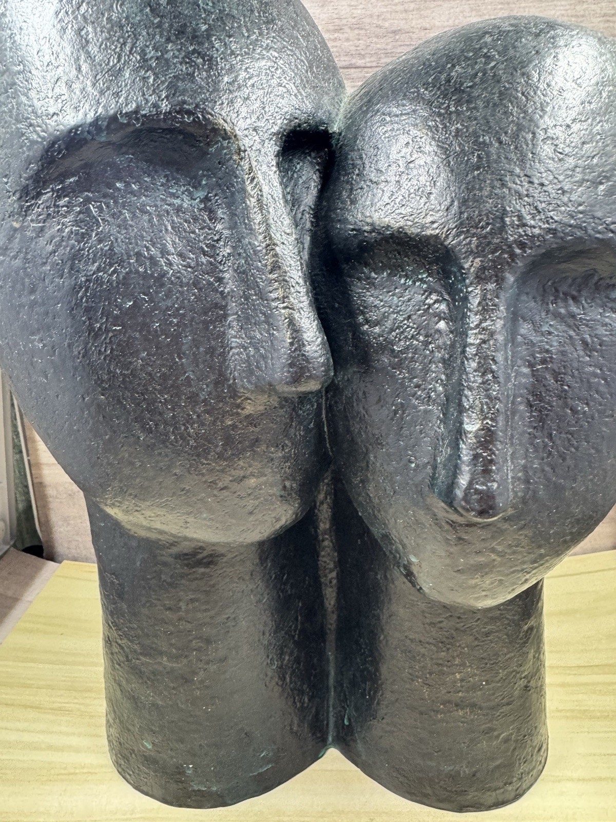 Contemporary Two Heads Resin 11” Sculpture Black Blue Patina