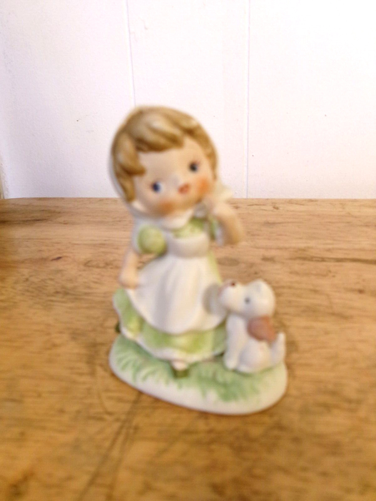 Vintage Homco Girl With Puppy Dog Sweet 3″ Porcelain Figurine Green