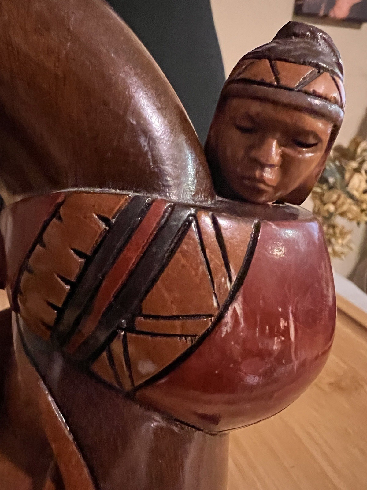 Vintage Hand-Carved Wooden Woman Figurine Traditional Stained Brown Black Red