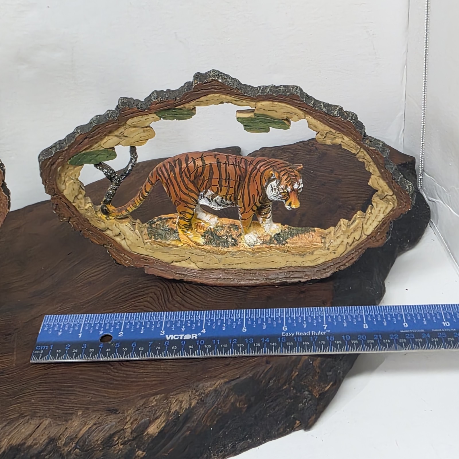 Vintage Faux Wood Resin Lion Tiger Jungle Animal Figurines Set Safari Decor