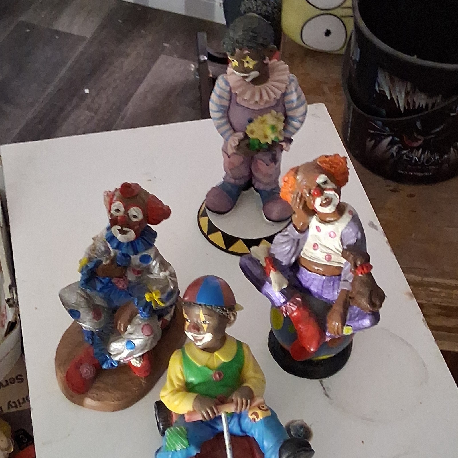 Lot of 4 Multicolor Painted Resin Clown Figurines Circus Theme Decor