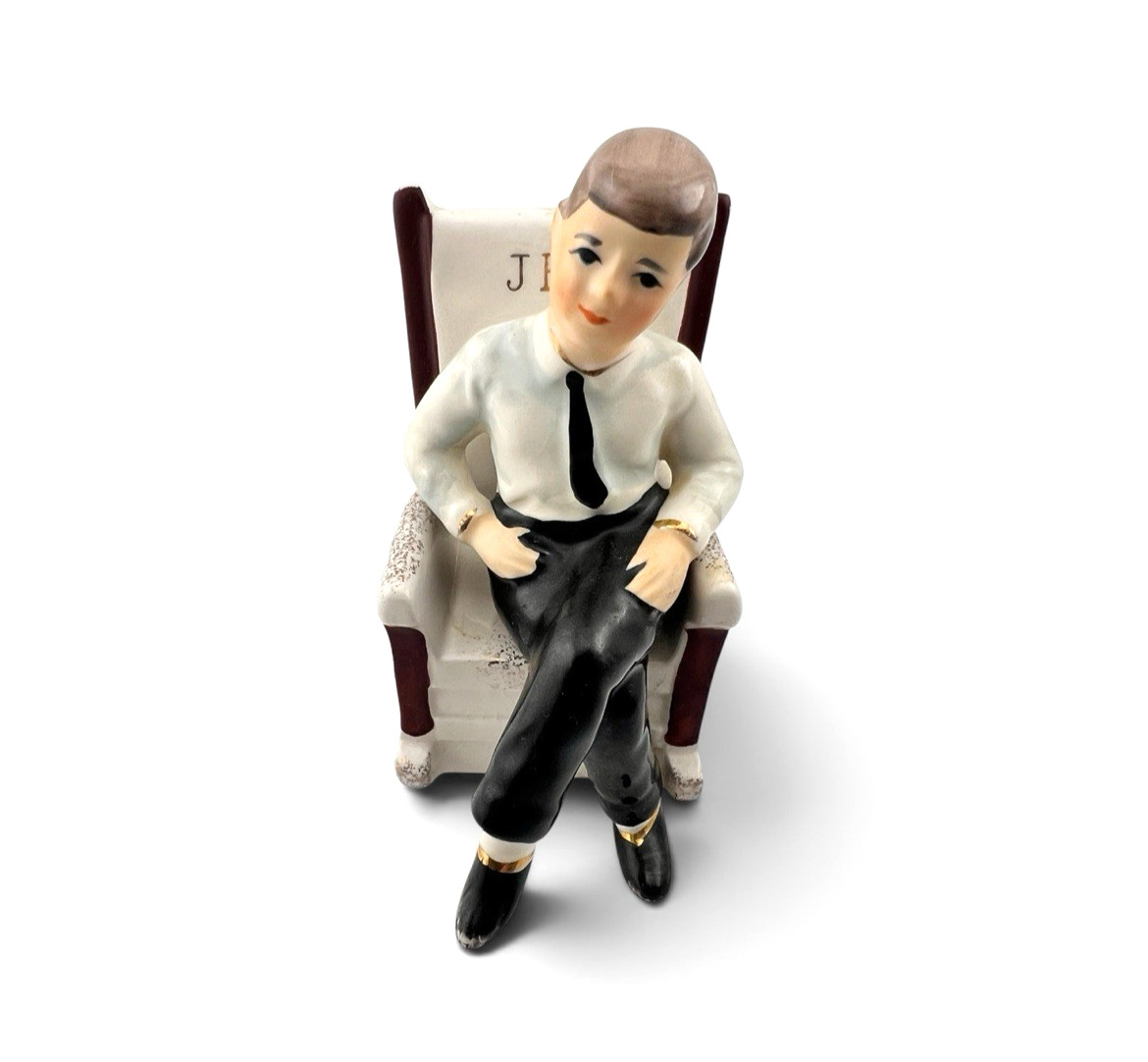 JFK Signed Ceramic Figurine Seated in Rocking Chair, Glossy Mid-Century 1962