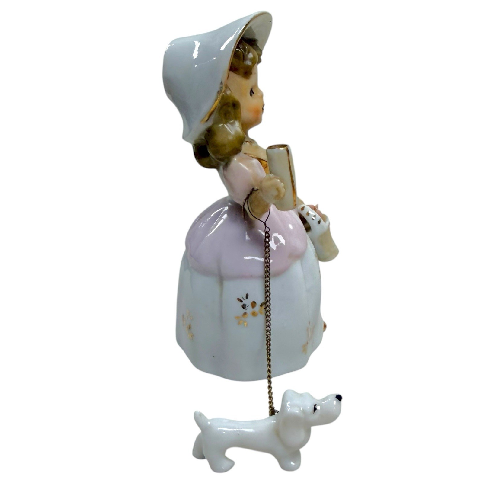 Vintage Lady Walking Dog Porcelain Figurine Handpainted Cute Fancy Made In Japan