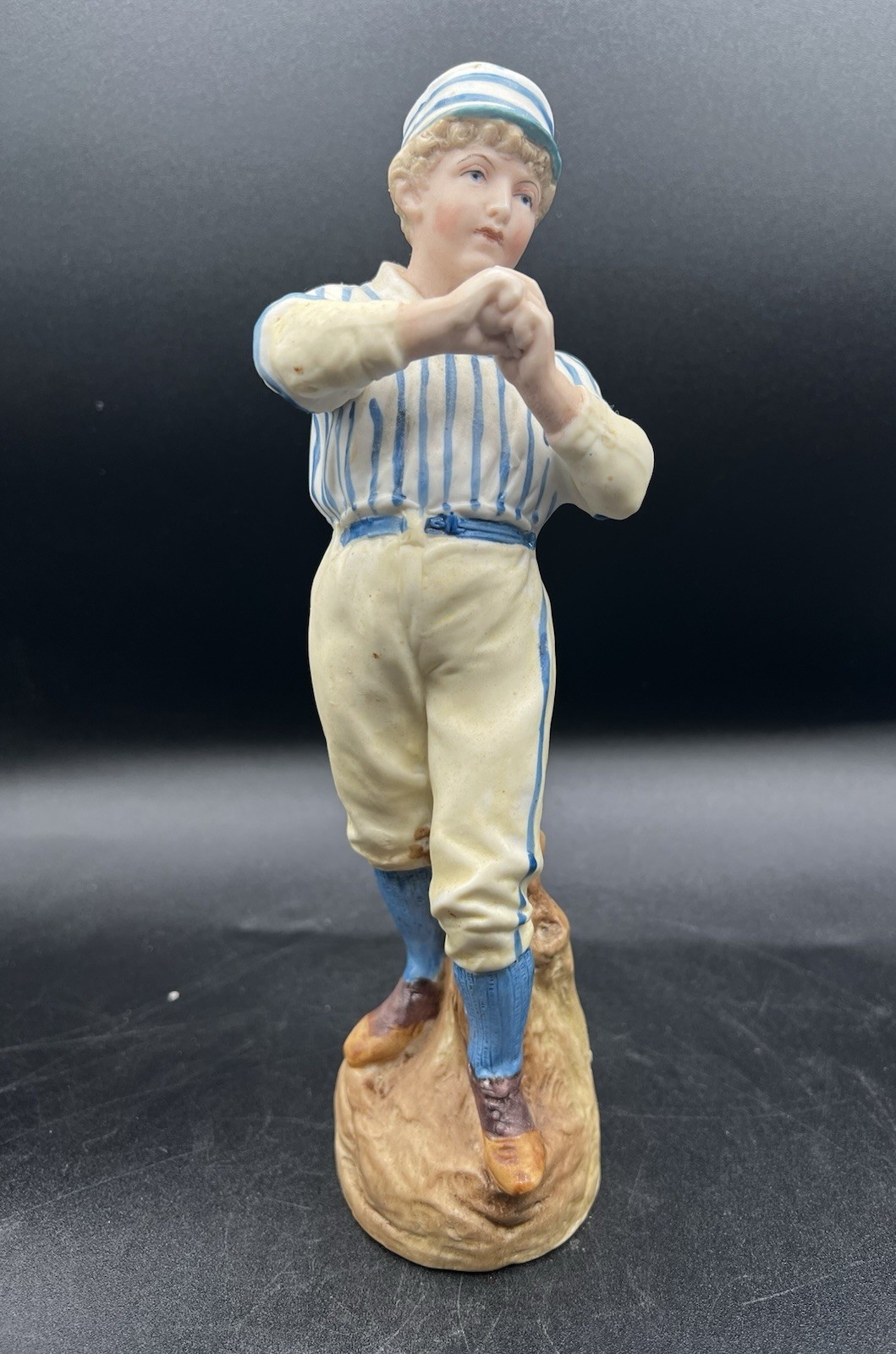 Gebruder Heubach-German Bisque-Baseball/Cricket Pitcher-Blue Striped Shirt 10″