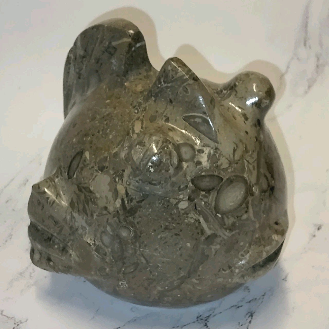 Fossil Stone Carved Pufferfish Paperweight Marble Beige Brown Swirl Spotted Rock